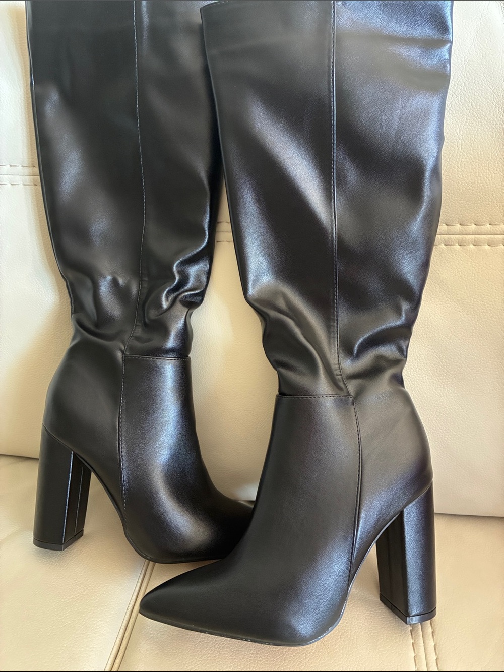SHEIN Black Faux-Leather Knee-High Pointed Toe Block Heel Boots
